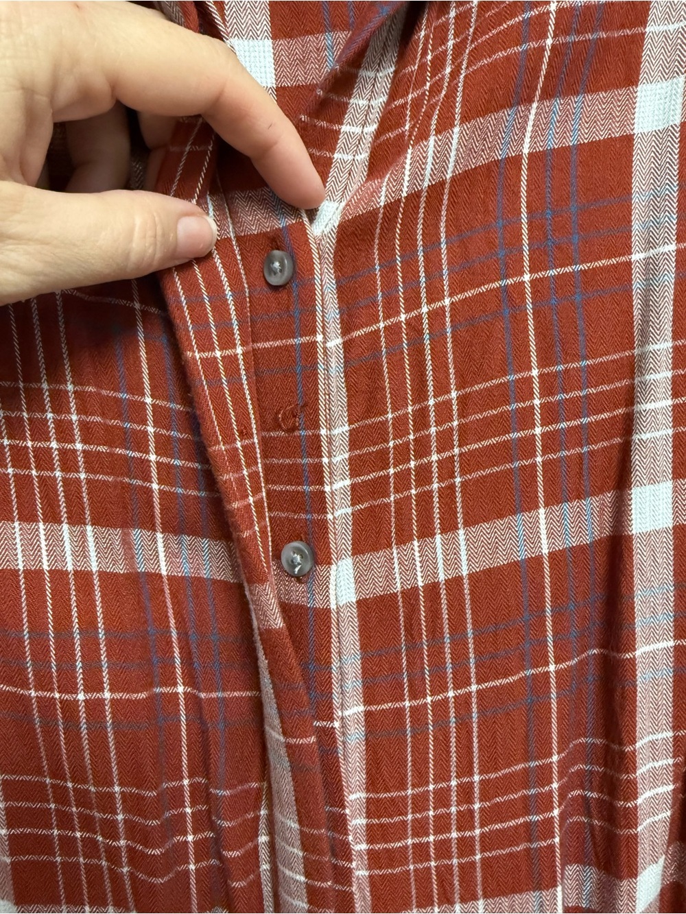 Plaid Ruffle Sleeve Button-Up Blouse – Rust / Blue / White - Picture 5 of 8